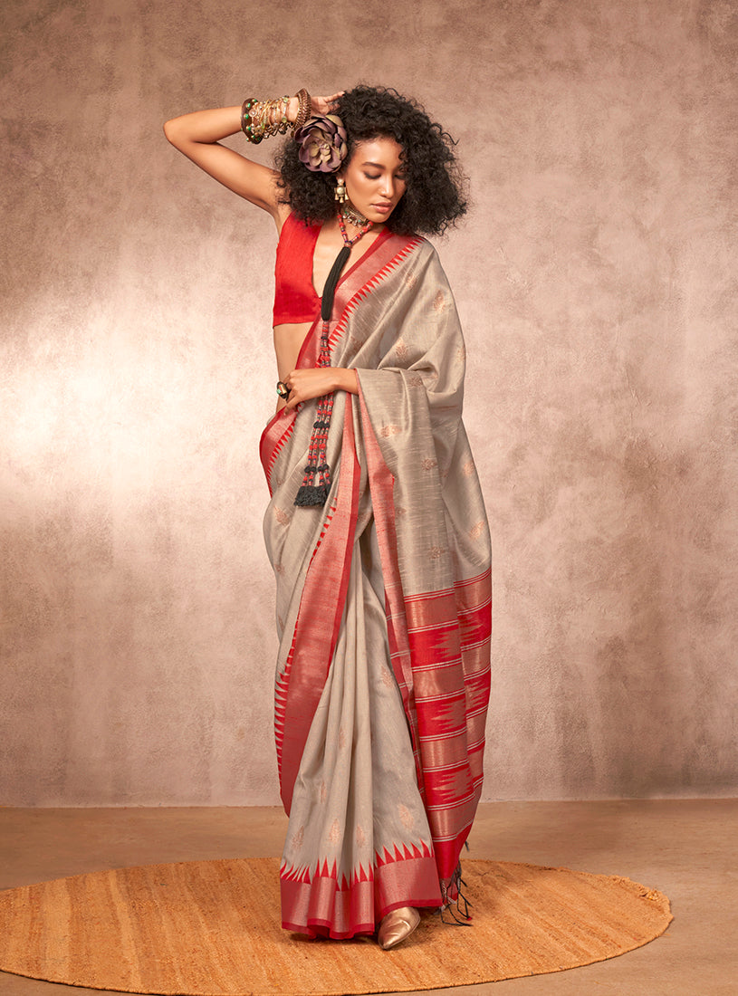 Monjolika Fashion Weaving Bhagalpuri Silk Blend Light Grey Contemporary Saree