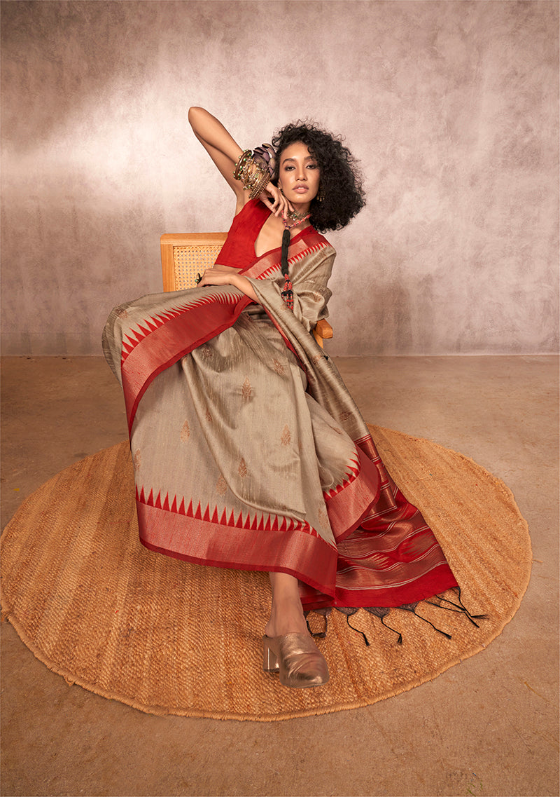 Monjolika Fashion Weaving Bhagalpuri Silk Blend Light Grey Contemporary Saree
