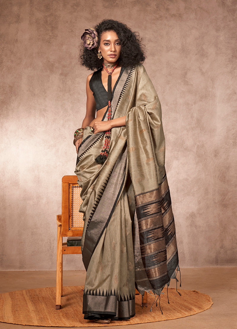 Monjolika Fashion Weaving Bhagalpuri Silk Blend Light Grey Contemporary Saree