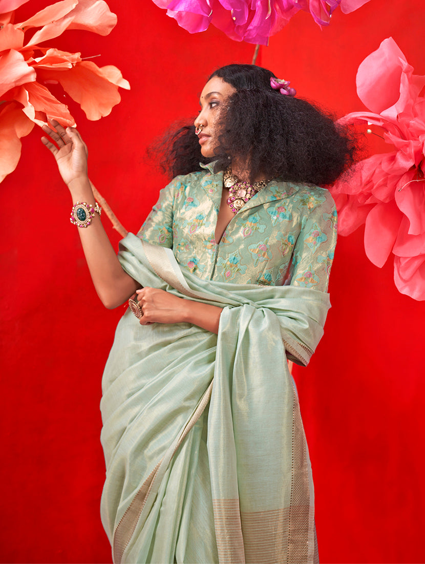 Monjolika Fashion Sea Green Tissue Weaving Zari Ceremonial Contemporary Saree - Distacart