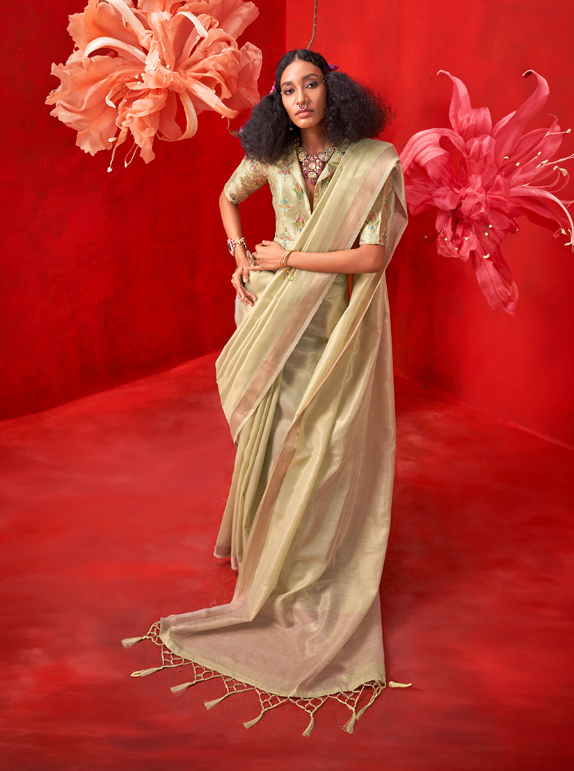 Monjolika Fashion Light Green Tissue Weaving Zari Ceremonial Contemporary Saree - Distacart