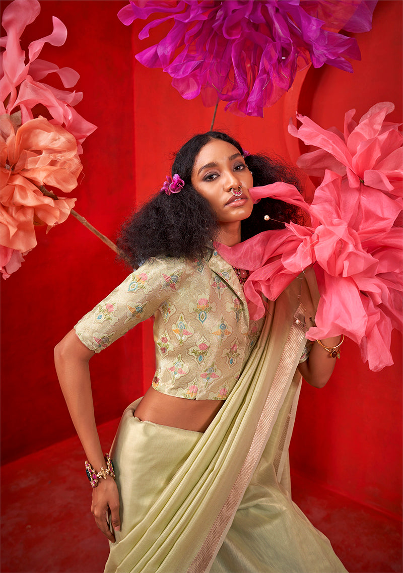 Monjolika Fashion Light Green Tissue Weaving Zari Ceremonial Contemporary Saree - Distacart