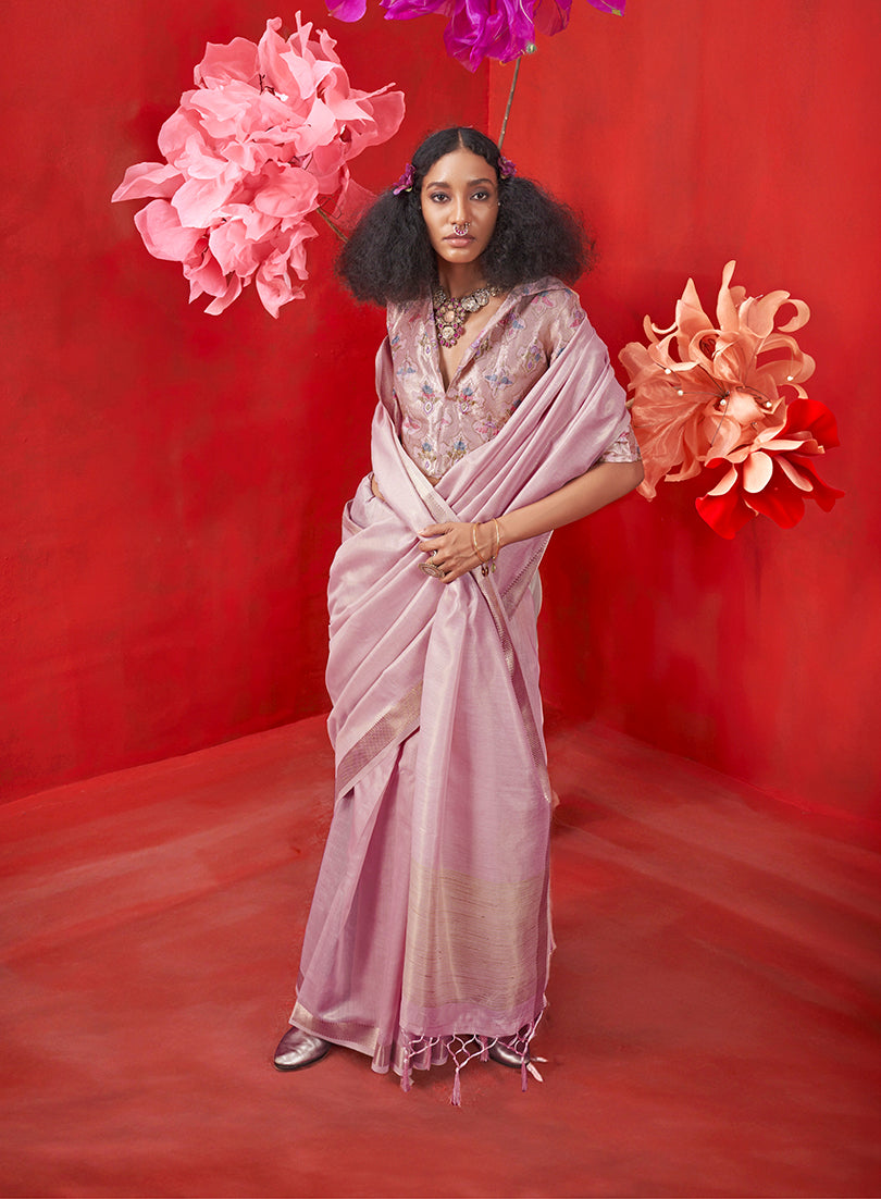 Monjolika Fashion Lavender Tissue Weaving Zari Ceremonial Contemporary Saree - Distacart
