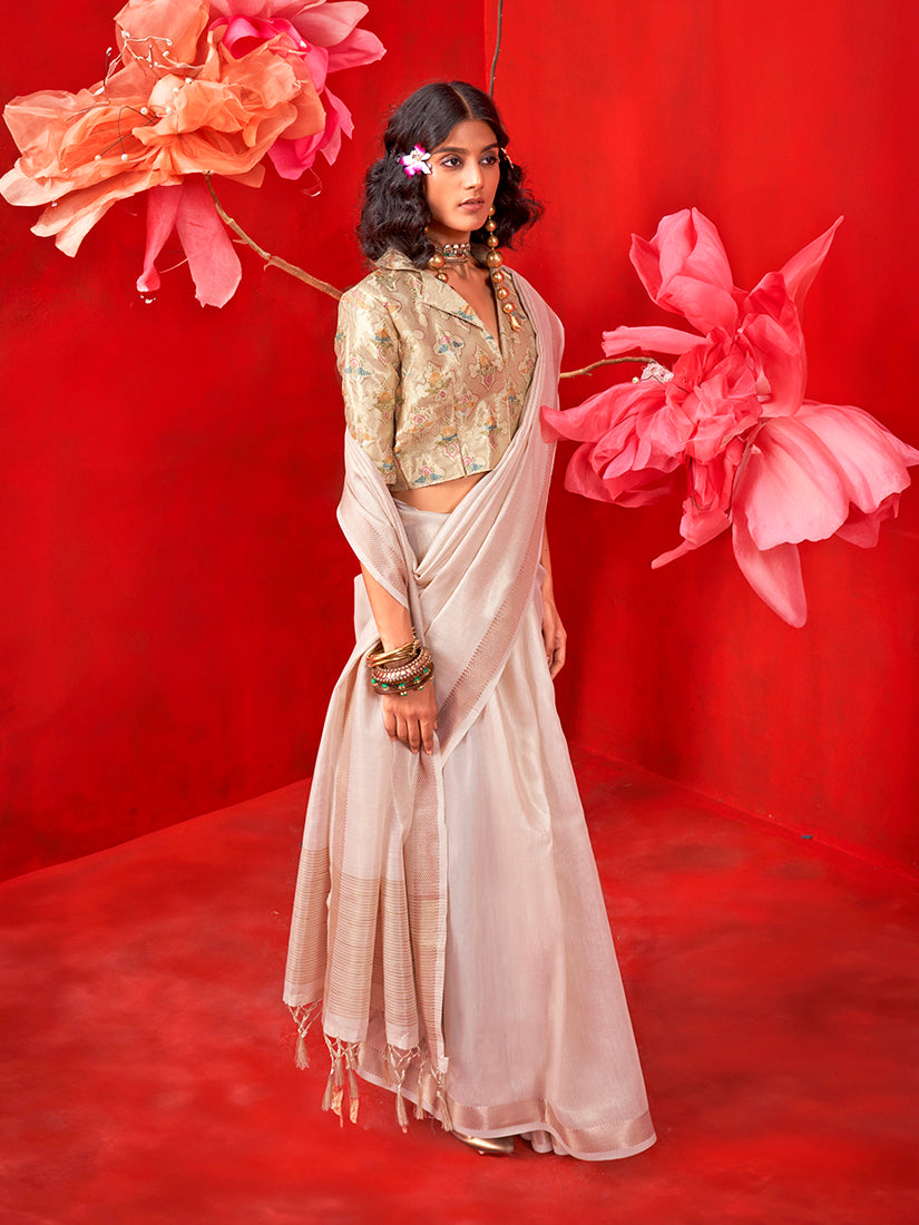 Monjolika Fashion Off White Tissue Weaving Zari Ceremonial Contemporary Saree - Distacart