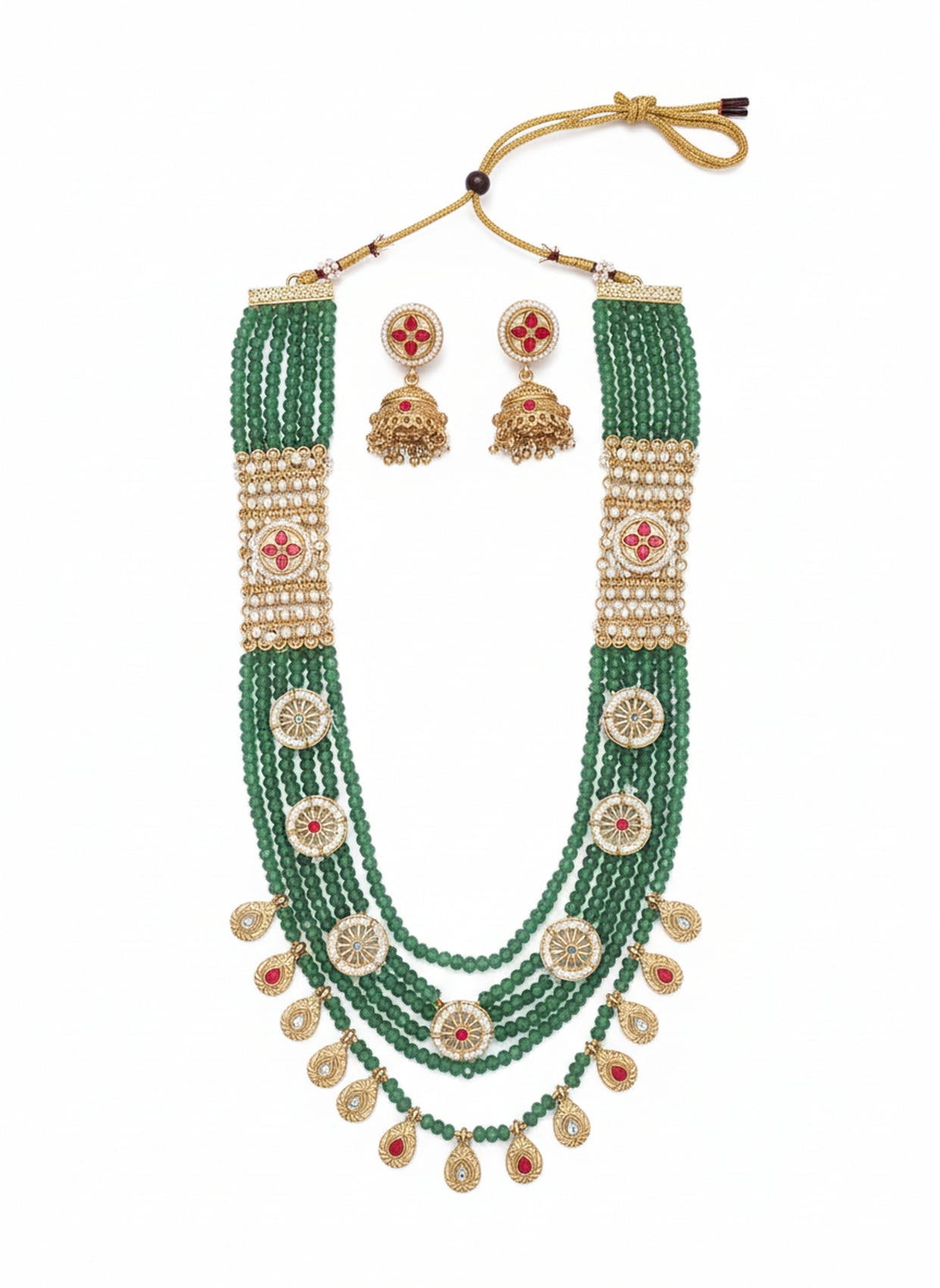 Jewel City Traditional Handcrafted Green Beaded Gold-Plated Necklace Set