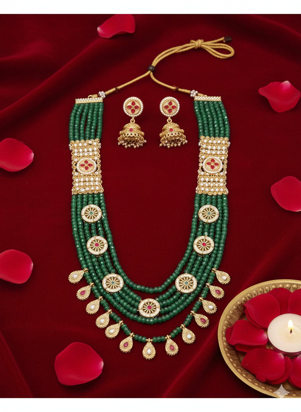 Jewel City Traditional Handcrafted Green Beaded Gold-Plated Necklace Set
