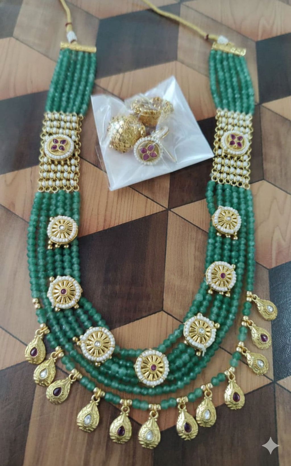 Jewel City Traditional Handcrafted Green Beaded Gold-Plated Necklace Set