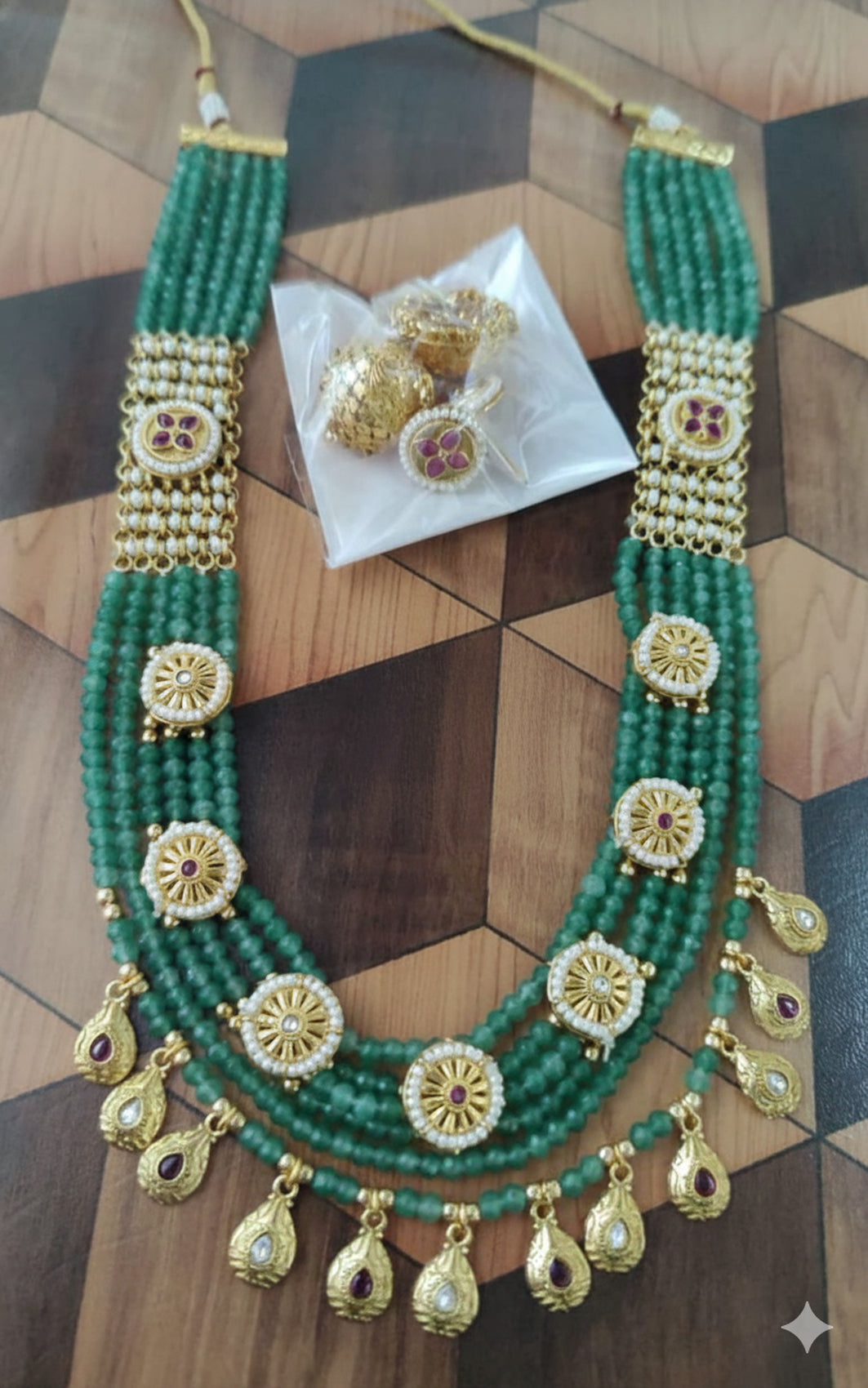 Jewel City Traditional Handcrafted Green Beaded Gold-Plated Necklace Set