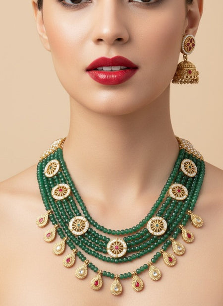Jewel City Traditional Handcrafted Green Beaded Gold-Plated Necklace Set