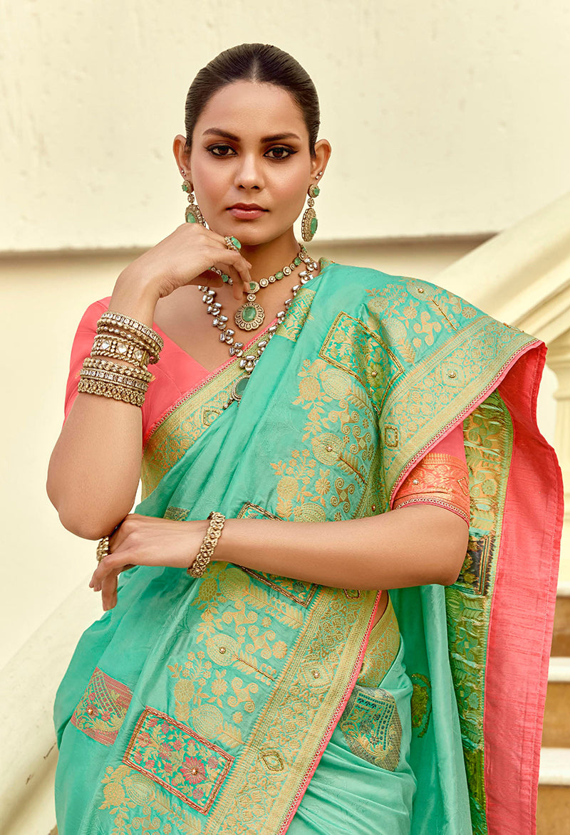 Monjolika Fashion Silk Blend Weaving Sea Green Traditional Saree