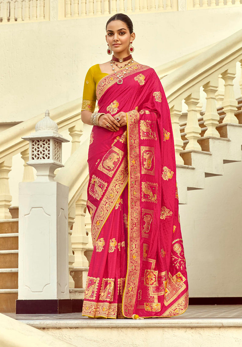 Monjolika Fashion Silk Blend Weaving Rani Pink Traditional Saree