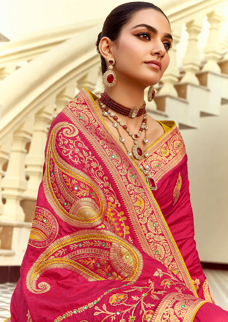 Monjolika Fashion Silk Blend Weaving Rani Pink Traditional Saree