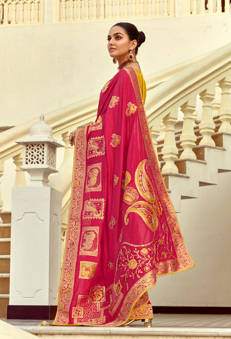 Monjolika Fashion Silk Blend Weaving Rani Pink Traditional Saree