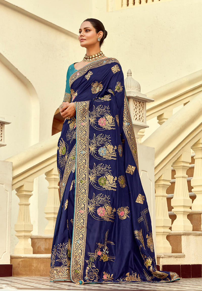Monjolika Fashion Silk Blend Weaving Navy Blue Traditional Saree - Distacart