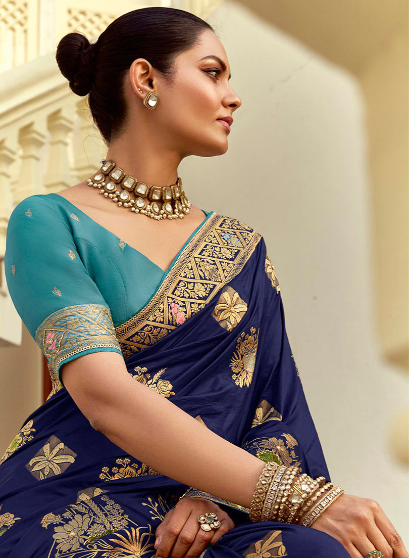 Monjolika Fashion Silk Blend Weaving Navy Blue Traditional Saree - Distacart