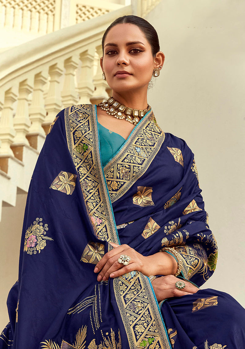 Monjolika Fashion Silk Blend Weaving Navy Blue Traditional Saree - Distacart