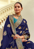 Monjolika Fashion Silk Blend Weaving Navy Blue Traditional Saree - Distacart