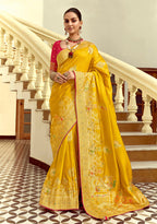 Monjolika Fashion Silk Blend Weaving Yellow Traditional Saree