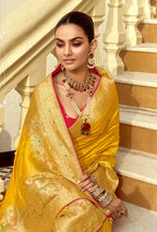Monjolika Fashion Silk Blend Weaving Yellow Traditional Saree