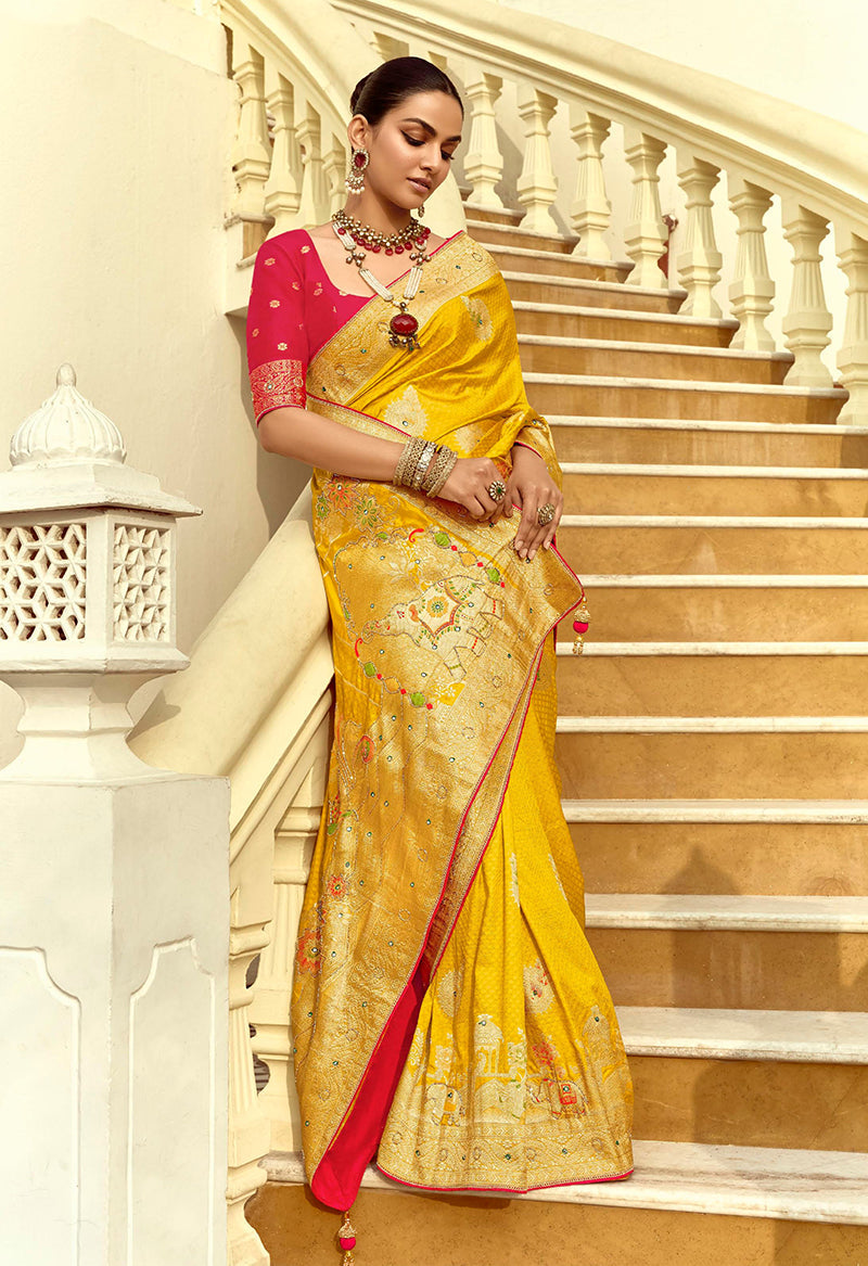 Monjolika Fashion Silk Blend Weaving Yellow Traditional Saree