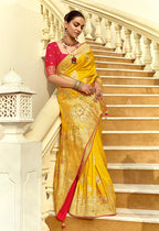 Monjolika Fashion Silk Blend Weaving Yellow Traditional Saree