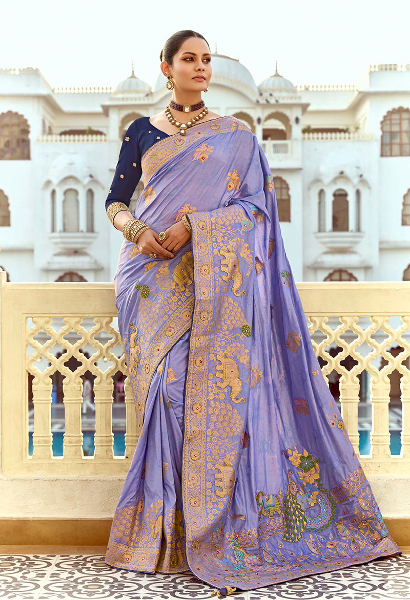 Monjolika Fashion Silk Blend Weaving Lavender Traditional Saree