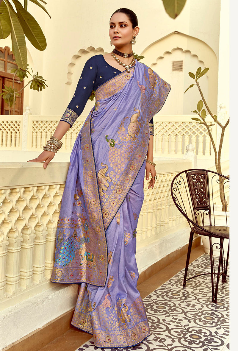 Monjolika Fashion Silk Blend Weaving Lavender Traditional Saree