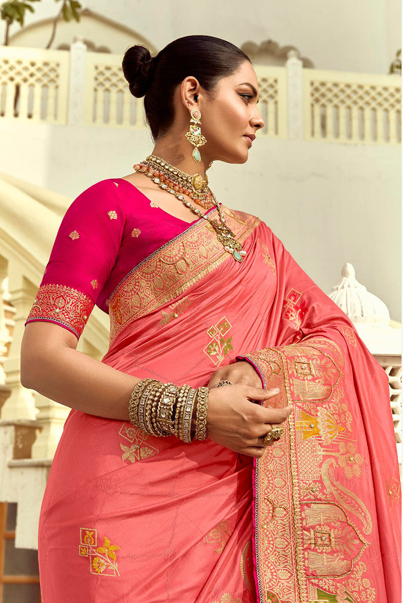 Monjolika Fashion Silk Blend Weaving Salmon Traditional Saree