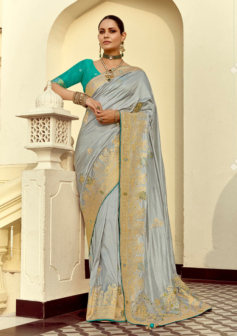 Monjolika Fashion Silk Blend Weaving Light Grey Traditional Saree - Distacart
