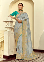 Monjolika Fashion Silk Blend Weaving Light Grey Traditional Saree - Distacart
