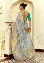 Monjolika Fashion Silk Blend Weaving Light Grey Traditional Saree - Distacart