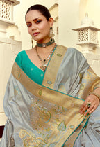 Monjolika Fashion Silk Blend Weaving Light Grey Traditional Saree - Distacart