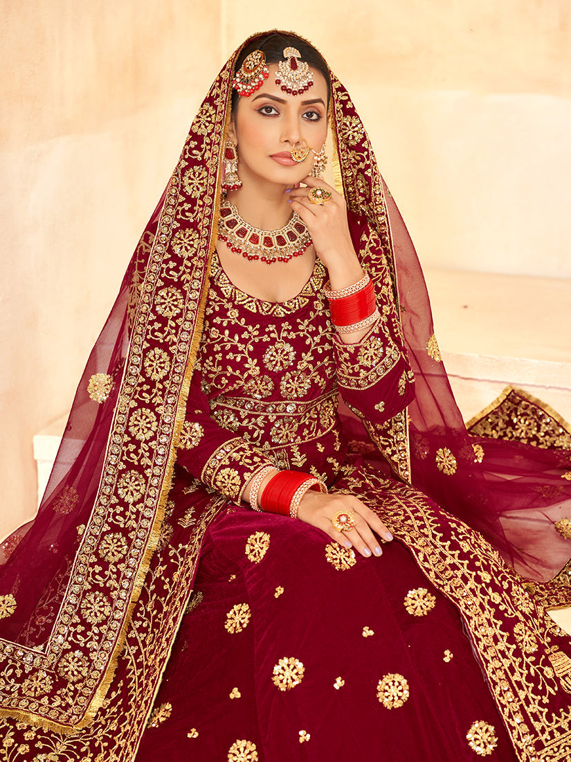 Monjolika Fashion Maroon Embroidered Velvet Designer Long Lehenga Choli