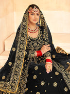 Monjolika Fashion Black Embroidered Velvet Designer Long Lehenga Choli