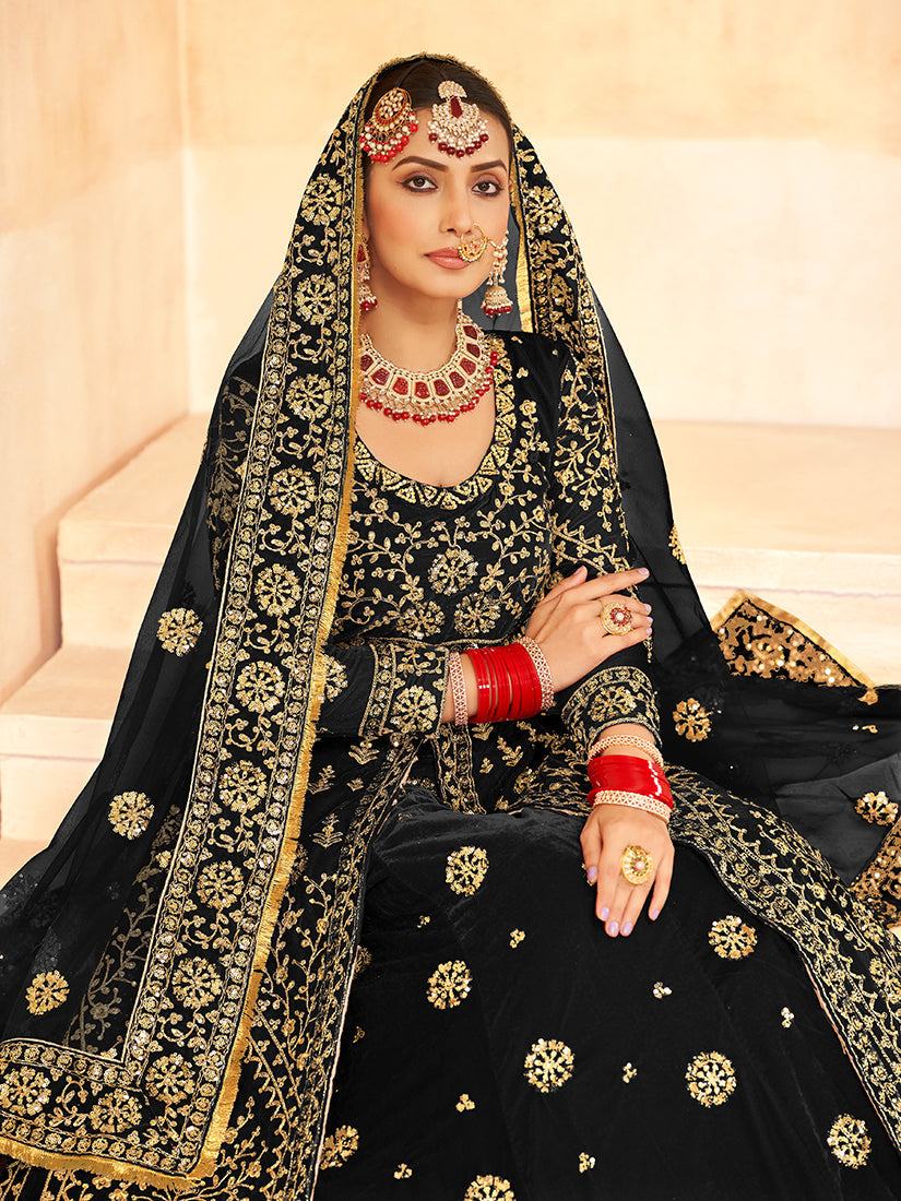 Monjolika Fashion Black Embroidered Velvet Designer Long Lehenga Choli