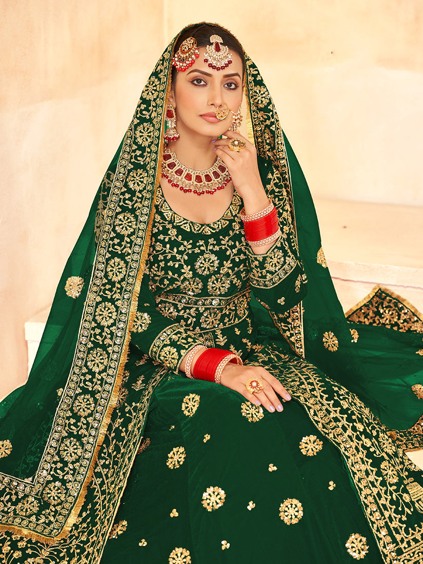 Monjolika Fashion Green Embroidered Velvet Designer Long Lehenga Choli