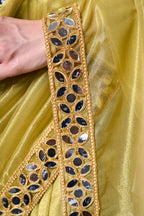 Monjolika Fashion Olive Green Gold Tissue Net Fancy Party Wear Saree
