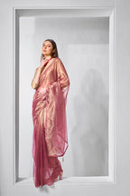 Monjolika Fashion Onion Pink Gold Tissue Net Fancy Party Wear Saree