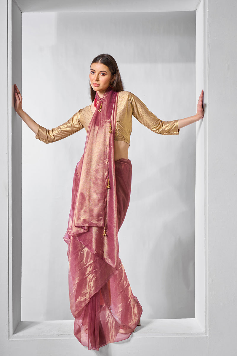 Monjolika Fashion Onion Pink Gold Tissue Net Fancy Party Wear Saree