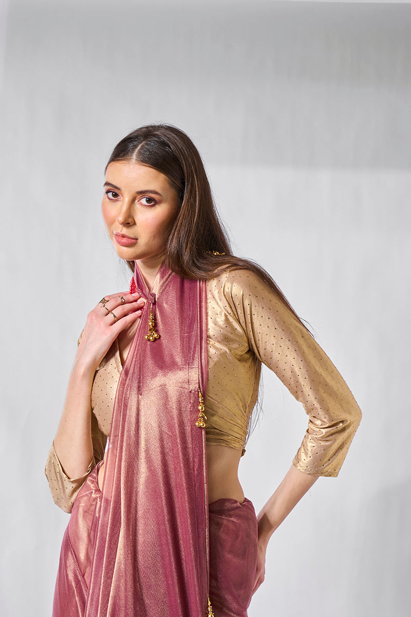Monjolika Fashion Onion Pink Gold Tissue Net Fancy Party Wear Saree
