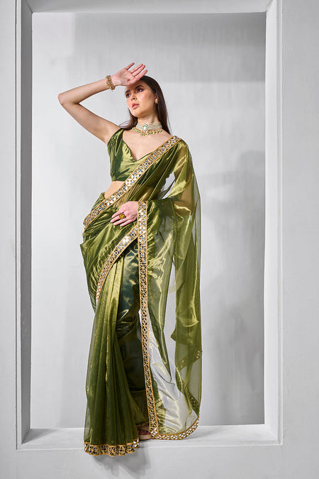 Monjolika Fashion Green Gold Tissue Net Fancy Party Wear Saree