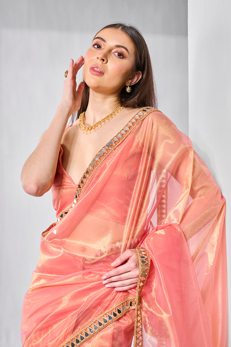 Monjolika Fashion Peach Gold Tissue Net Fancy Party Wear Saree