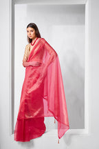 Monjolika Fashion Red Gold Tissue Net Fancy Party Wear Saree