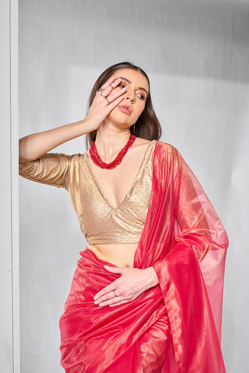 Monjolika Fashion Red Gold Tissue Net Fancy Party Wear Saree