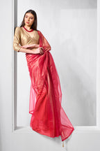 Monjolika Fashion Red Gold Tissue Net Fancy Party Wear Saree