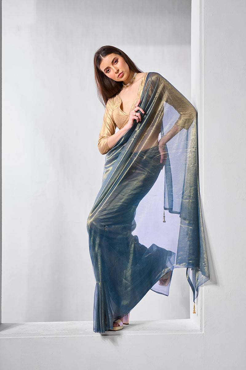 Monjolika Fashion Blue Gold Tissue Net Fancy Party Wear Saree