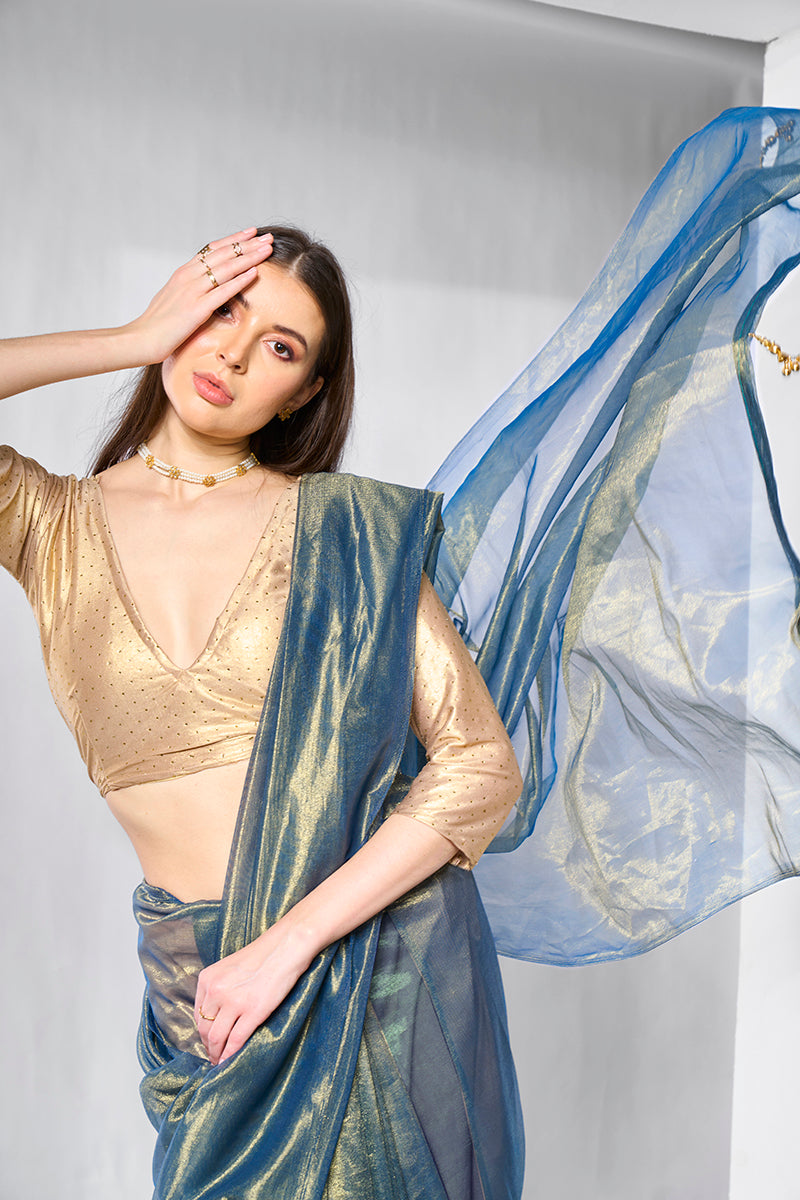 Monjolika Fashion Blue Gold Tissue Net Fancy Party Wear Saree