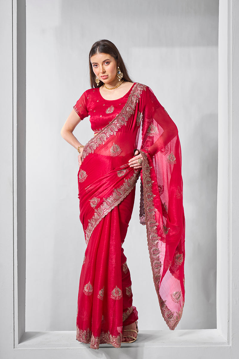 Monjolika Fashion Chiffon Rani Embroidered Classic Saree