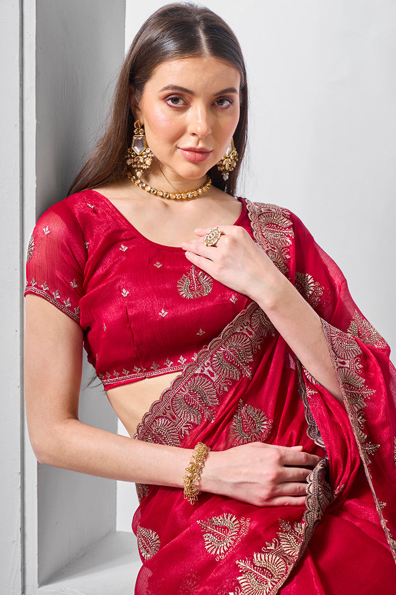 Monjolika Fashion Chiffon Rani Embroidered Classic Saree