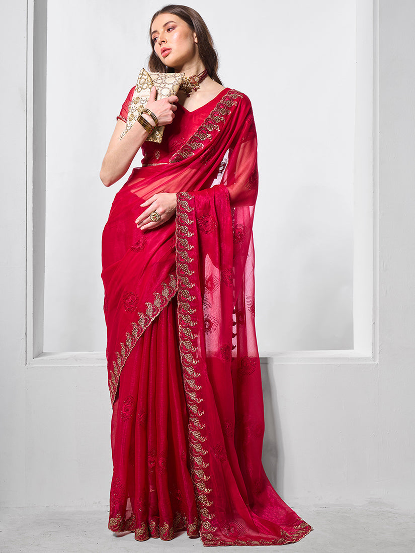 Monjolika Fashion Shimmer Chiffon Rani Embroidered Classic Saree